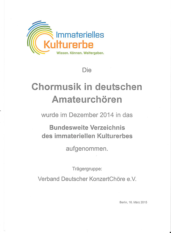 Urkunde über die  Aufnahme der „Chormusik in deutschen Amateurchören“ in das immaterielle Kulturerbe der UNESCO