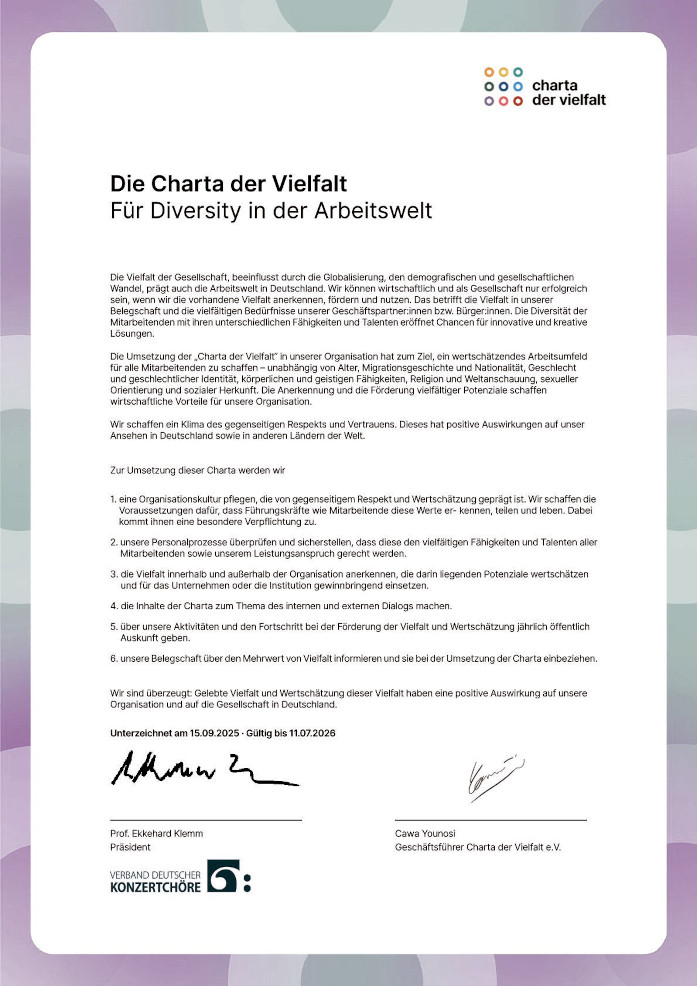 Abb.: Unterzeichnete Urkunde der „Charta der Vielfalt“ (VDKC)